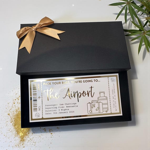 A foil-printed fake flight ticket that reveals a secret holiday destination — the gift IS the dramatic reveal moment.