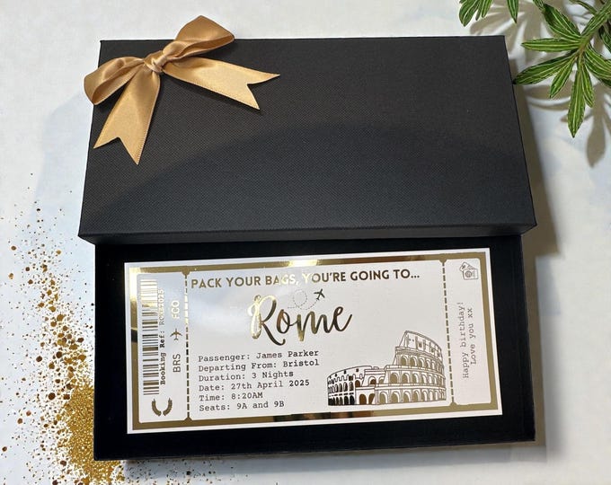 Rome Holiday Plane Destination Pass Fake Flight Ticket Personalised Custom Birthday Anniversary Hen Luxury Gift Surprise Reveal Voucher