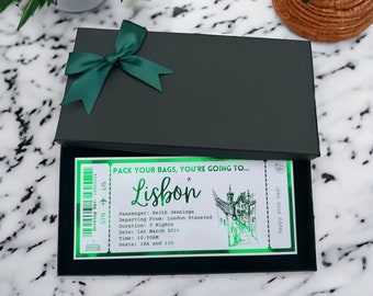 Lisbon Holiday Destination Pass Fake Flight Ticket, Personalised Custom Birthday Anniversary Hen Luxury Gift Surprise Reveal Voucher