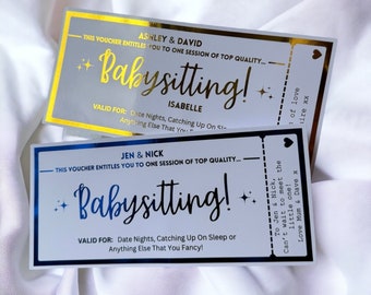 Babysitting Voucher, Baby Shower, New Mums, Parents, Baby Personalised Foil Ticket, Luxury Keepsake Ticket, Surprise, Gift