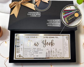 Pase de avión de vacaciones de Nueva York, NYC, boleto de avión falso, regalo de lujo personalizado para cumpleaños y aniversario, cupón sorpresa.