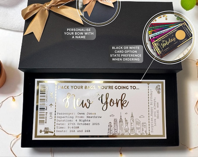 New York NYC Holiday Plane Destination Pass Fake Flight Ticket Personalised Custom Birthday Anniversary Luxury Gift Surprise Reveal Voucher