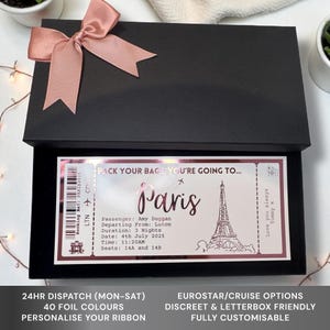 Paris Holiday Plane Destination Pass Fake Flight Ticket Personalised Custom Birthday Anniversary Hen Luxury Gift Surprise Reveal Voucher