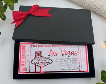 Billet d'avion factice pour des vacances à Las Vegas : cadeau de luxe personnalisé pour un anniversaire, un enterrement de vie de jeune fille ou toute autre occasion spéciale.