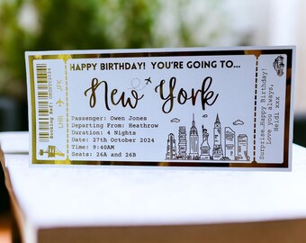 New York NYC  Holiday Destination Pass Fake Flight Ticket, Personalised Custom Birthday Anniversary Hen Luxury Gift Surprise Reveal Voucher