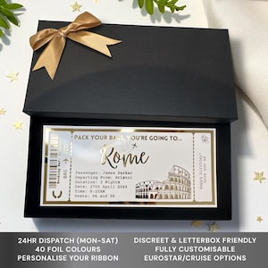 Rome Holiday Plane Destination Pass Fake Flight Ticket Personalised Custom Birthday Anniversary Hen Luxury Gift Surprise Reveal Voucher