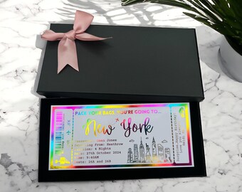 New York NYC  Holiday Destination Pass Fake Flight Ticket, Personalised Custom Birthday Anniversary Hen Luxury Gift Surprise Reveal Voucher