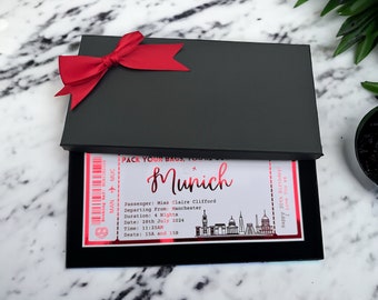 Munich Holiday Destination Pass Fake Flight Ticket, Personalised Custom Birthday Anniversary Hen Luxury Gift Surprise Reveal Voucher