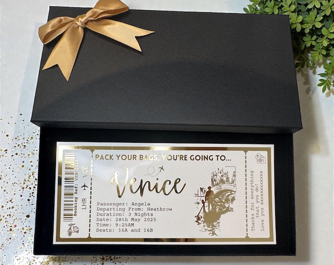 Venice  Holiday Plane Destination Pass Fake Flight Ticket Personalised Custom Birthday Anniversary Hen Luxury Gift Surprise Reveal Voucher