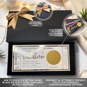 May include: A black gift box with a gold ribbon, containing a scratch-off holiday ticket. The ticket has gold foil details and the text "Pack Your Bags, You're Going... On Vacation". The box also includes a small card with a gold bow.