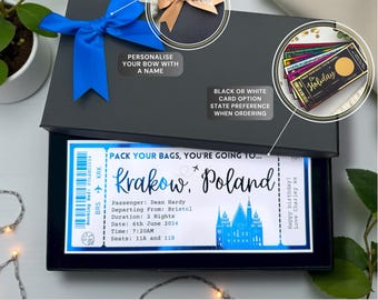 Krakow  Holiday Plane Destination Pass Fake Flight Ticket Personalised Custom Birthday Anniversary Hen Luxury Gift Surprise Reveal Voucher