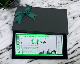 Dublin Holiday Destination Pass Fake Flight Ticket, Personalised Custom Birthday Anniversary Hen Luxury Gift Surprise Reveal Voucher