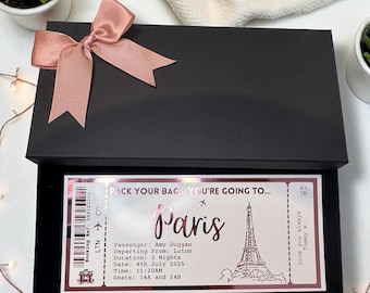 Paris Holiday Plane Destination Pass Fake Flight Ticket Personalised Custom Birthday Anniversary Hen Luxury Gift Surprise Reveal Voucher