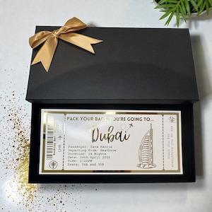 Dubai UAE Holiday Plane Destination Pass Fake Flight Ticket Personalised Custom Birthday Anniversary Hen Luxury Gift Surprise Reveal Voucher
