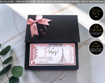 Paris Holiday Plane Destination Pass Fake Flight Ticket Personalised Custom Birthday Anniversary Hen Luxury Gift Surprise Reveal Voucher