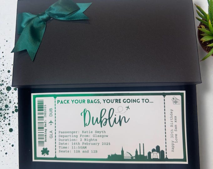 Dublin Holiday Plane Destination Pass Fake Flight Ticket Personalised Custom Birthday Anniversary Hen Luxury Gift Surprise Reveal Voucher