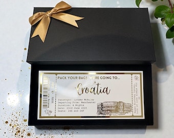 Croatia Holiday Plane Destination Pass Fake Flight Ticket Personalised Custom Birthday Anniversary Hen Luxury Gift Surprise Reveal Voucher