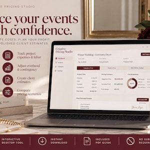 May include: A laptop displaying the Creative Pricing Studio software interface for event planning. The screen shows a dashboard with project costs, pricing summaries, and client estimates for a Winter Wedding ceremony decor project.