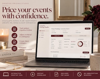 May include: A laptop displaying the Creative Pricing Studio software interface for event planning. The screen shows a dashboard with project costs, pricing summaries, and client estimates for a Winter Wedding ceremony decor project.