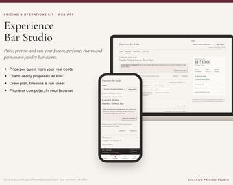 Experience Bar Pricing App | Flower Bar, Perfume Bar, Charm Bar & Permanent Jewelry Pricing Calculator, Proposal and Event Planner
