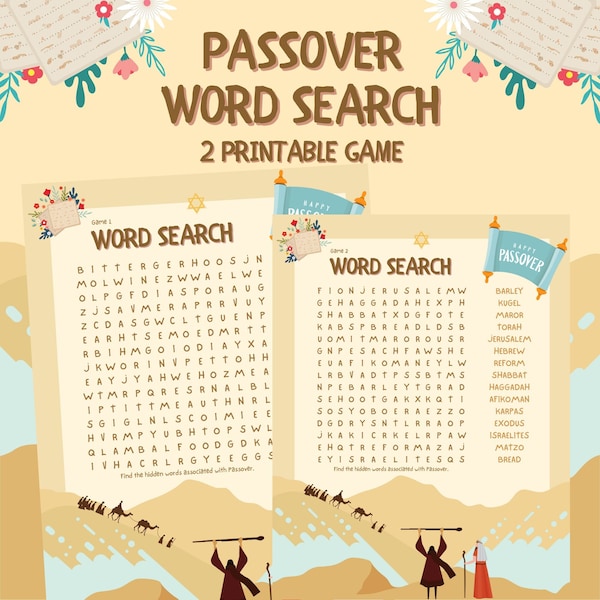 Passover Word Search Games, 2 Printable Party Games for the Family, Jewish Holiday Puzzles I Passover Party Game I Download Printable I