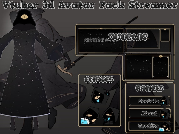 Avatar Vtuber 3d Con Overlay Twitch Oscuro Noche Emotes Y Paneles Pack Completo Stream Twitch o Youtube