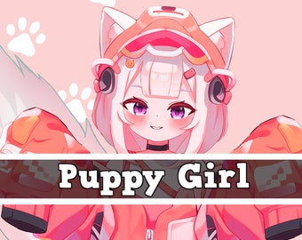 May include: A pink and orange cartoon character with white fur, wearing a helmet and a jacket with the text "Puppy Girl".