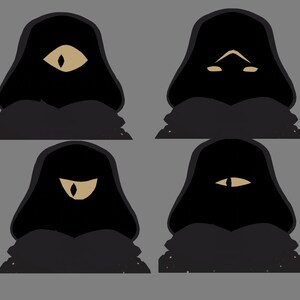 May include: Four black hooded figures with different golden facial features. The figures have a single eye, two eyes, a mouth, and a nose.
