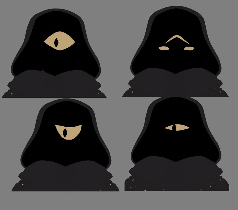 May include: Four black hooded figures with different golden facial features. The figures have a single eye, two eyes, a mouth, and a nose.