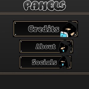 May include: Black and white graphic design with the word "Panels" at the top. Three buttons with gold trim and black backgrounds read "Credits", "About", and "Socials".