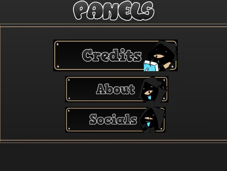 May include: Black and white graphic design with the word "Panels" at the top. Three buttons with gold trim and black backgrounds read "Credits", "About", and "Socials".