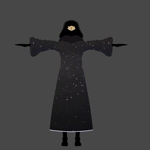 May include: A black hooded robe with a white trim and a white star pattern. The hood has a gold eye design.