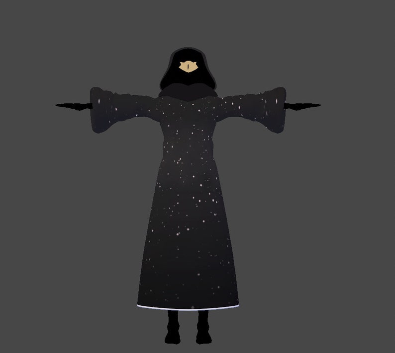May include: A black hooded robe with a white trim and a white star pattern. The hood has a gold eye design.