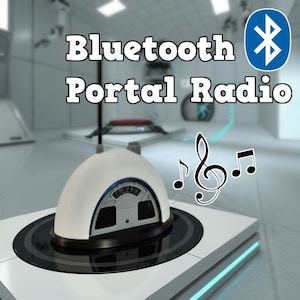 May include: A white and black Bluetooth Portal Radio with a blue accent, featuring the text "Bluetooth Portal Radio." The radio has a retro design with a dial and antenna, and a musical note graphic.