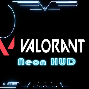 Puede incluir: Fondo negro con gráficos en azul neón y blanco. La palabra "VALORANT" está en blanco, con "Neon HUD" en azul neón. Un logotipo rojo y blanco está en el lado izquierdo, con otras líneas y formas en azul neón.