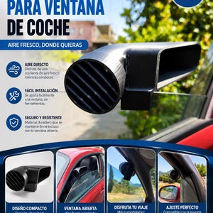 Puede incluir: Un conducto de aire negro de plástico para ventana de coche con una rejilla circular de lamas horizontales y una toma de aire alargada. El dispositivo está diseñado para ajustarse a la ventana del vehículo y dirigir el flujo de aire.