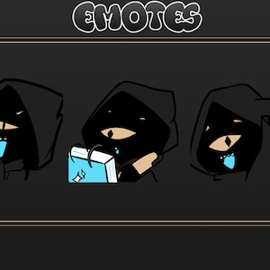 May include: Three black and white cartoon characters with different expressions. The character on the left is sticking out its tongue. The character in the middle is holding a blue book and crying. The character on the right is sticking out its tongue and waving.