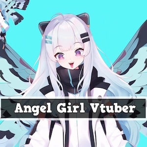 Puede incluir: Una ilustración digital de una chica de anime de cabello blanco, ojos azules y lengua rosa que sobresale. Lleva una chaqueta blanca con detalles negros y tiene grandes alas azules y blancas detrás de ella. El texto "Angel Girl Vtuber" está en la parte inferior de la imagen.