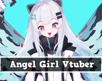 May include: A digital illustration of a white-haired anime girl with blue eyes and a pink tongue sticking out. She is wearing a white jacket with black accents and has large blue and white wings behind her. The text "Angel Girl Vtuber" is at the bottom of the image.