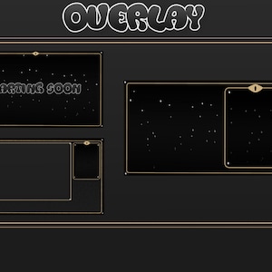 May include: Black and gold overlay template for Twitch or YouTube streams with a starry night background and the text "Starting Soon".