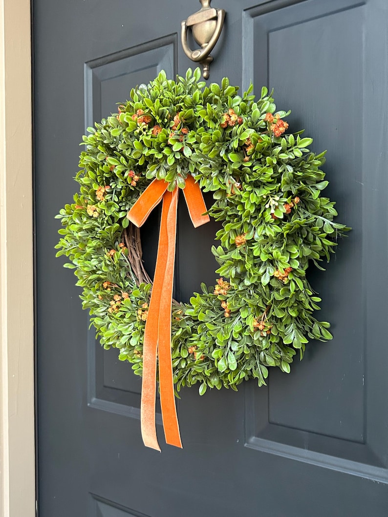 Boxwood With Orange Flowers Fall Wreath for Front Door - Etsy