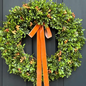 Boxwood With Orange Flowers Fall Wreath for Front Door - Etsy