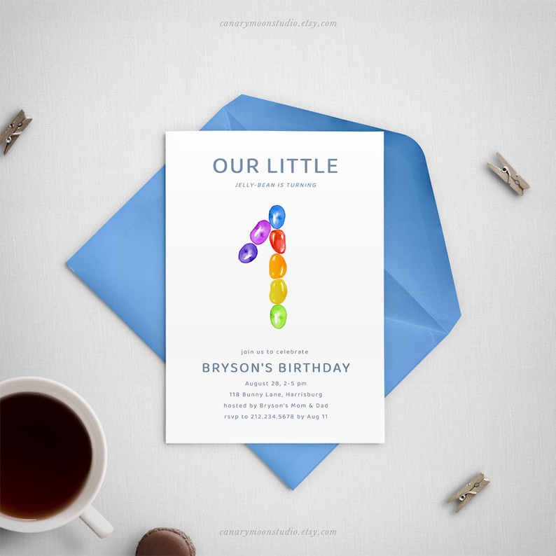 Jellybean 1st Birthday Invitation, Whimsical Watercolor Jelly Beans