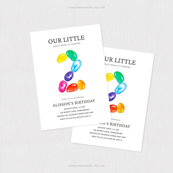 Jelly-bean 2nd Birthday Invitation, watercolor whimsical jelly beans painted by Canary Moon Studio, you edit you print digital download