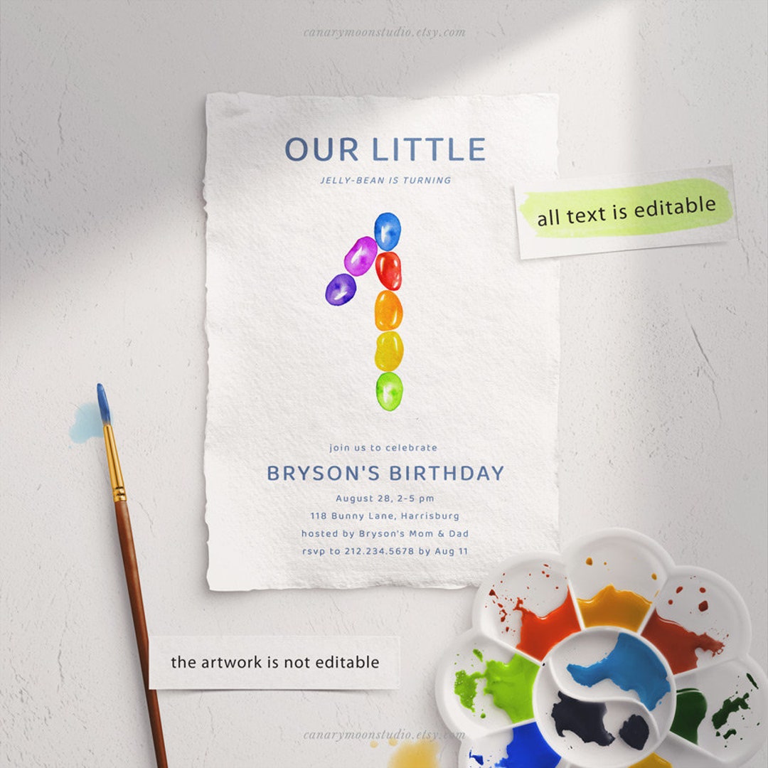 Jellybean 1st Birthday Invitation, Whimsical Watercolor Jelly Beans