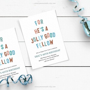 May include: White invitation cards with the text "FOR HE'S A JOLLY GOOD FELLOW" in blue, brown, and coral lettering. The cards are for Eric's 40th birthday, with event details. A blue ribbon and a decorative element are in the background.