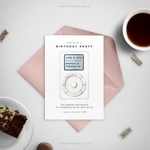May include: A white birthday party invitation featuring a hand-drawn illustration of a white iPod. The text on the invitation reads "Join us for a Birthday Party", "June 5, 6PM", "Andrea is turning 30", "The Parker Residence", "717 Magnolia Blvd, Dallas TX", and "RSVP at 212.483.3393".