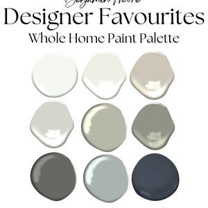 May include: A paint palette with nine colour swatches in neutral and dark tones. The text reads "Benjamin Moore Designer Favourites Whole Home Paint Palette". The design is by Becca Urban Design Co.