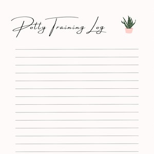 May include: A printable potty training log with a black and white striped design. The title "Potty Training Log" is written in cursive at the top of the page. A small green succulent plant in a pink pot is in the top right corner of the page.