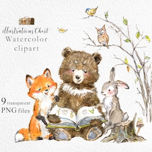 Leitura Animais Clipart, Arte De Berçário Da Floresta, Urso Clipart Arte De Berçário, Aquarela Animais Clipart, Raposa Da Floresta png, Coelho png, Urso png